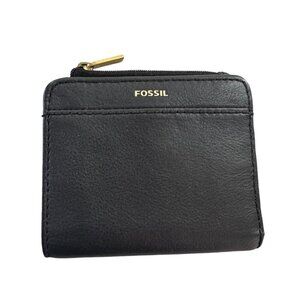 NEW Fossil Jori RFID Black Leather Bifold Wallet Gold Hardware Gray Interior
